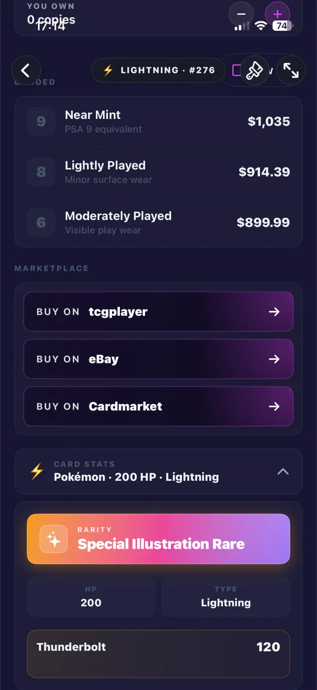 Grading prices and marketplace links for a card