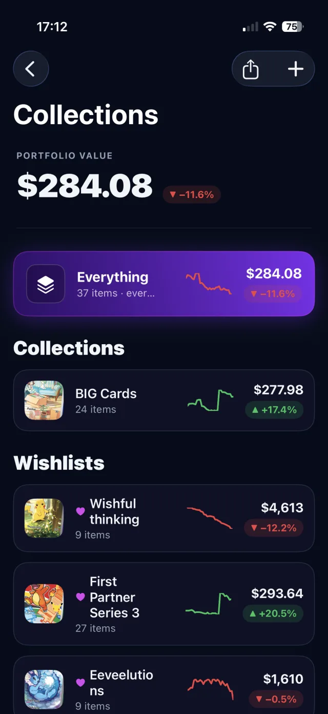 Collections list showing portfolio value and wishlists